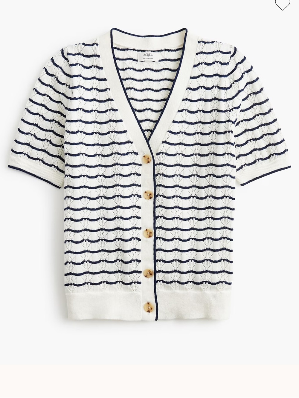 J. Crew White & Navy Short-sleeve pointelle V-neck cardigan sweater